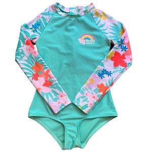 Girls Tropical Print Long Sleeve Rash Guard Swimsuit Size 6/6X